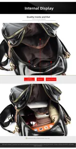 Internal view of black leather backpack with multiple compartments and storage space