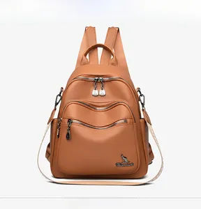 Detail view of the yellow lychee grain leather backpack featuring dual silver zippers
