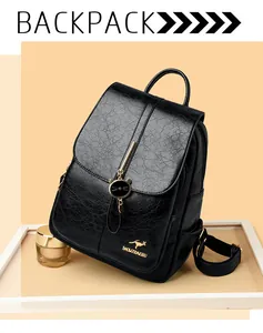Detalle de mochila de cuero negro con logo de canguro dorado y colgante de gato fino