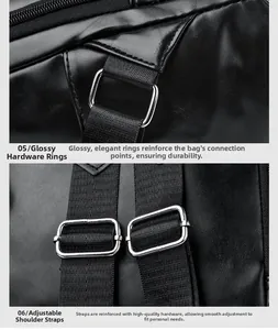 Détail d'anneaux argentés brillants et sangles en nylon réglables du sac en cuir noir