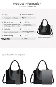 Detailed internal structure of black pebbled leather tote with size comparison chart
