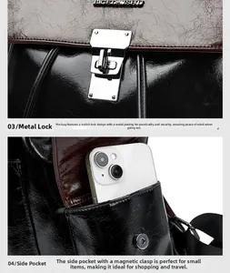 Polished silver hardware lock and magnetic side pocket detail on leather backpack