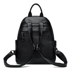 Classic black leather backpack for women with anti-theft zipper and litchi texture