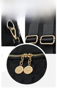Detail of quilted backpack showing gold-tone hardware and smooth dual zipper closure