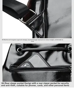 Detail of ergonomic reinforced triangle strap and rear anti-theft zipper pocket on leather bag