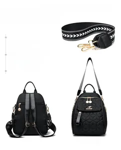 Detail of black quilted backpack with gold zippers and geometric pattern wide strap
