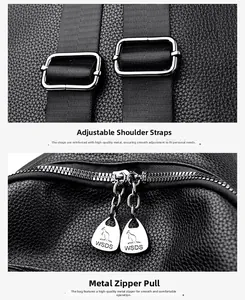 Detail of premium lychee texture leather backpack with adjustable straps and silver hardware