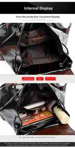Detailed interior of contrast color leather backpack showing large storage and pockets