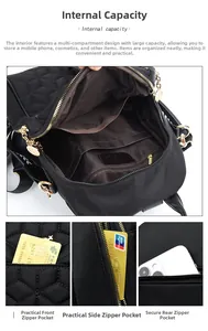 Detailed multi-compartment view of black quilted nylon backpack with gold zippers