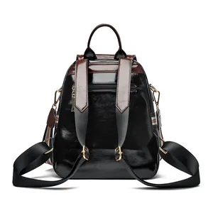 Women's black wax leather backpack with vintage stripes and anti-theft back pocket