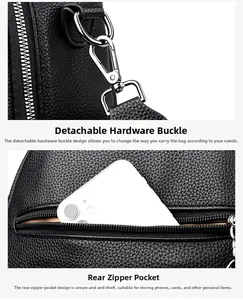 Detail of lychee textured leather backpack with silver alloy buckles and anti-theft back pocket