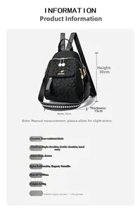 Detailed dimension chart for black quilted backpack showing size 25x15x30cm and structure