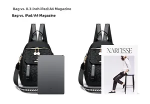 Quilted black backpack size comparison showing fit for 8.3 inch iPad and A4 magazine