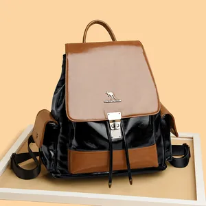 Women Genuine Leather Backpack Cowhide Contrast Color Drawstring Bag Anti-theft Lock Large Capacity Travel Shoulder Bag