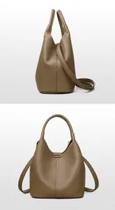Détails du sac seau en cuir grainé kaki montrant les vues latérale et arrière