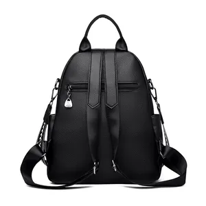 Black litchi grain leather backpack for women featuring anti-theft back pocket and straps