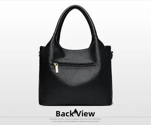 Detailed back view of a black leather tote bag with lychee texture and zipper pocket