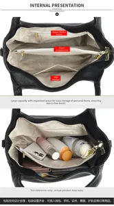 Interior view of black leather tote bag with multi-pocket layout and large capacity