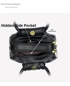 Détail de l'intérieur d'un sac en cuir grainé noir avec double poche zippée et métal doré