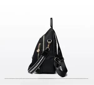 Detail of nylon quilted backpack with golden zippers and patterned shoulder strap