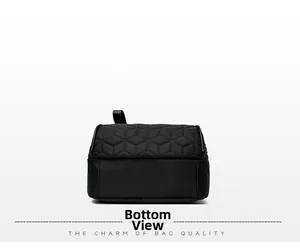 Macro bottom view of black quilted nylon backpack with hexagonal stitch pattern