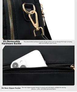 Detail of detachable gold-tone hardware and secure anti-theft back pocket for smartphone