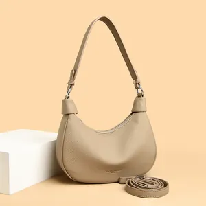 Bolso Hobo de Media Luna para Mujer Cuir Véritable Textura Lichi Bolso de Hombro Con Correa Ajustable Elegante Moda Minimalista