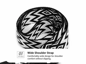 Detail of wide woven shoulder strap with black and white geometric pattern and metal clasp