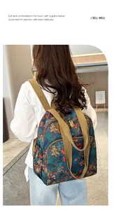 Detail showing the floral print texture and durable canvas straps of this vintage backpack