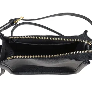 Classic black pebble leather phone bag with top zipper and gold-tone hardware for women