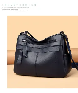 Detail showing deep blue lychee pattern leather and front zipper pocket of a crossbody bag