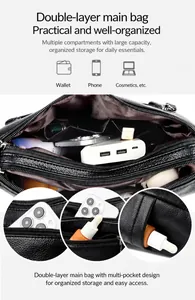 Detailed internal compartments of a black leather bag for phone and wallet storage