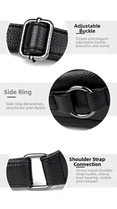 Detail of silver buckles and rings on premium black pebble leather shoulder bag