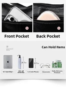 Detail showing high capacity cowhide bag with compartments for iPad and umbrella