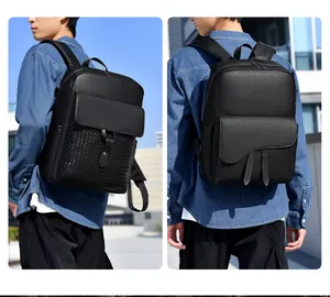 Détails des sacs à dos en cuir noir tressé et style selle pour hommes d'affaires