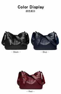 Detailed color display of multi-zipper leather cross-body bags in black, blue, and red