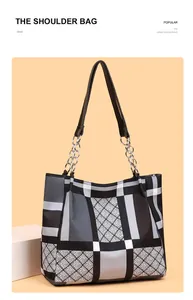 Modern geometric color-block tote bag with large capacity and stylish chain strap
