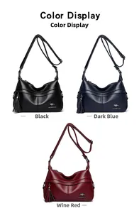 Detailed comparison of three pebbled leather handbags in black, dark blue, and wine red colors