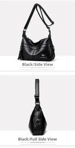Detailed views of black leather crescent bag featuring tassel and kangaroo logo