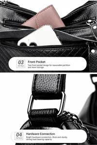 Detail of black pebbled leather handbag with dual zipper pockets and glossy metal rings