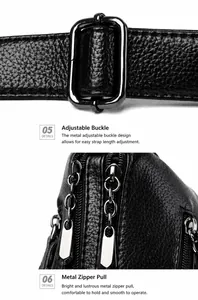 Detail of black lychee grain leather bag with dual metal zippers and adjustable buckle
