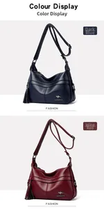 Close-up of pebble leather texture and metal kangaroo logo on navy and wine red bags