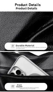 Detail of durable black lychee leather texture and functional front pocket storage