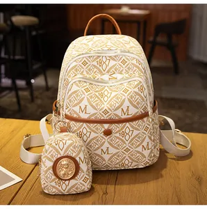 Detalle de la mochila vintage con estampado 1987 y monedero pequeño con cremallera dorada