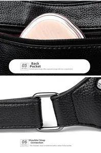 Detail of genuine leather hobo bag featuring rear zipper pocket and metal strap hardware