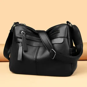 Women's Genuine Leather Crossbody Bag Litchi Grain Multiple Zipper Pockets Casual Shoulder Bag Medium Capacity Handbag