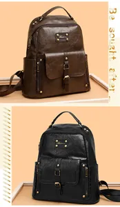 Détail de sacs à dos vintage en cuir ciré avec rivets et logo métallique Balina
