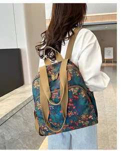 Detail of vintage floral backpack with adjustable canvas straps and floral pattern