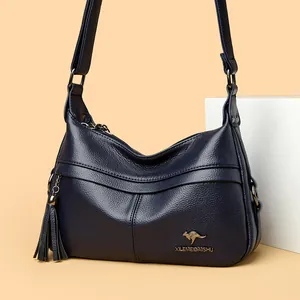 Classic dark blue lychee leather crescent bag for women with tassel and golden logo