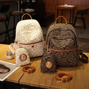 Conjunto de Mochila con Estampado de Monograma Vintage para Mujer Bolsa de Viaje Impermeable de PVC Con Mini Monedero Decoración Strass